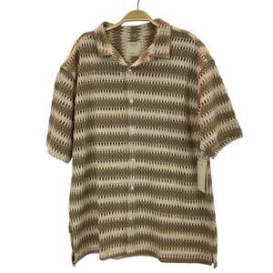 Massive Luxury Striped Crochet Shirt Men XL Tan Beach Coastal Open Knit Academia